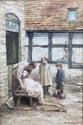 Lot 22 - Sentimental watercolour of rustic scene by C.W. Morsley - two children watching sheep being clipped, 18cm x 12.5cm, framed