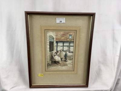 Lot 22 - Sentimental watercolour of rustic scene by C.W. Morsley - two children watching sheep being clipped, 18cm x 12.5cm, framed