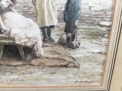 Lot 22 - Sentimental watercolour of rustic scene by C.W. Morsley - two children watching sheep being clipped, 18cm x 12.5cm, framed