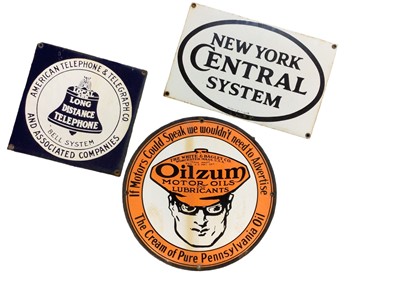 Lot 77 - Three American enamelled signs, including an American Telephone & Telegraph Co. 20cm wide, and a New York Central System enamel sign