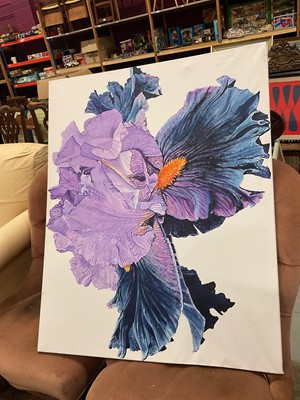 Lot 372 - Annie Mullord large oil on canvas of blue Iris