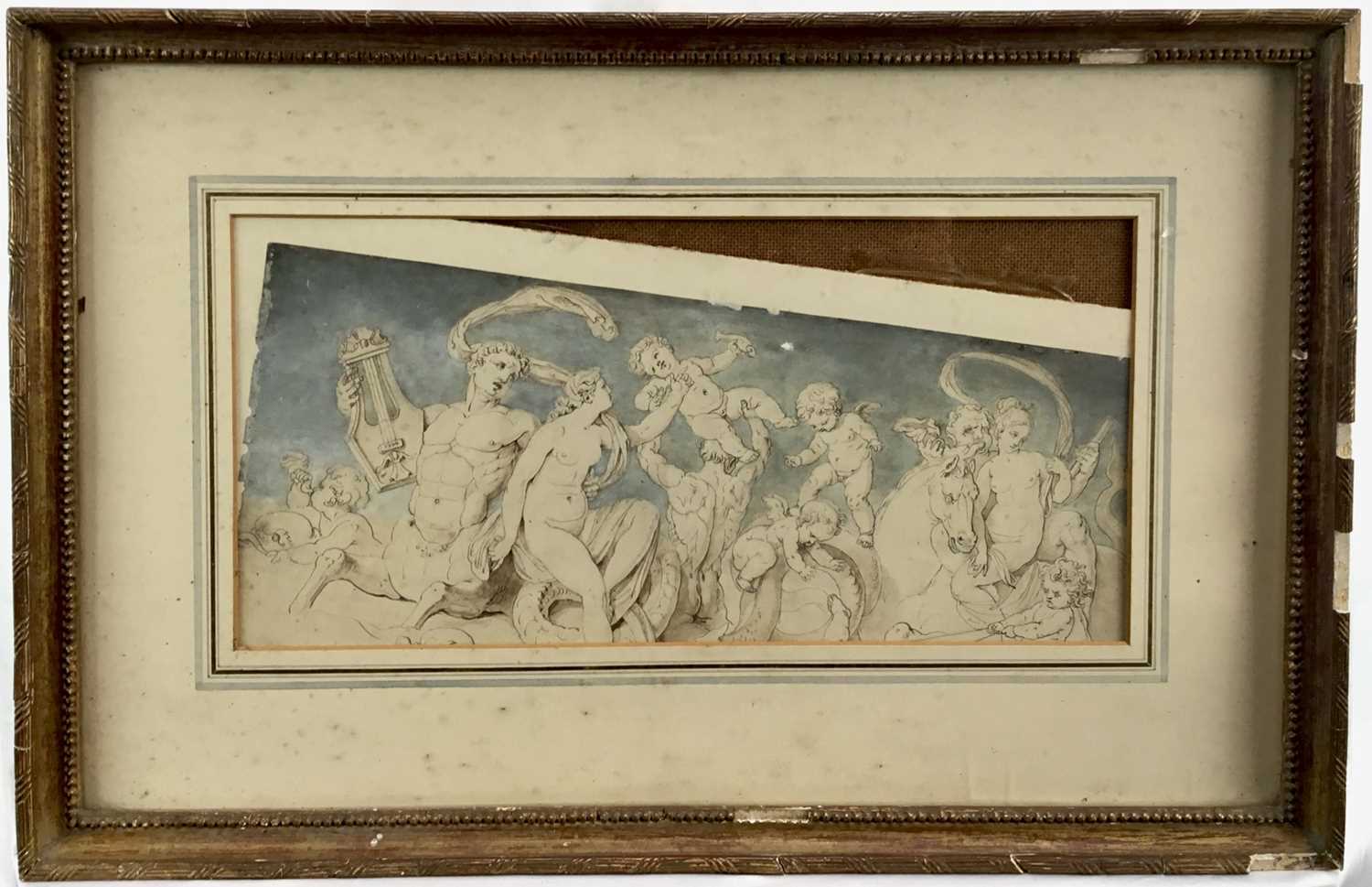 Lot 15 - Ink and wash drawing of Greek figures, laid on card, 18.5cm x 38cm, in glazed frame