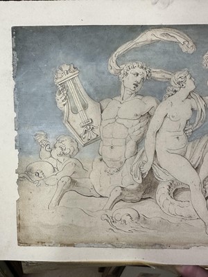 Lot 15 - Ink and wash drawing of Greek figures, laid on card, 18.5cm x 38cm, in glazed frame