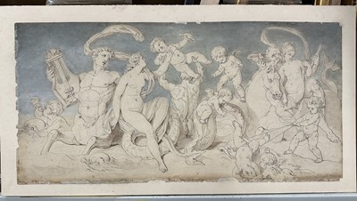 Lot 15 - Ink and wash drawing of Greek figures, laid on card, 18.5cm x 38cm, in glazed frame