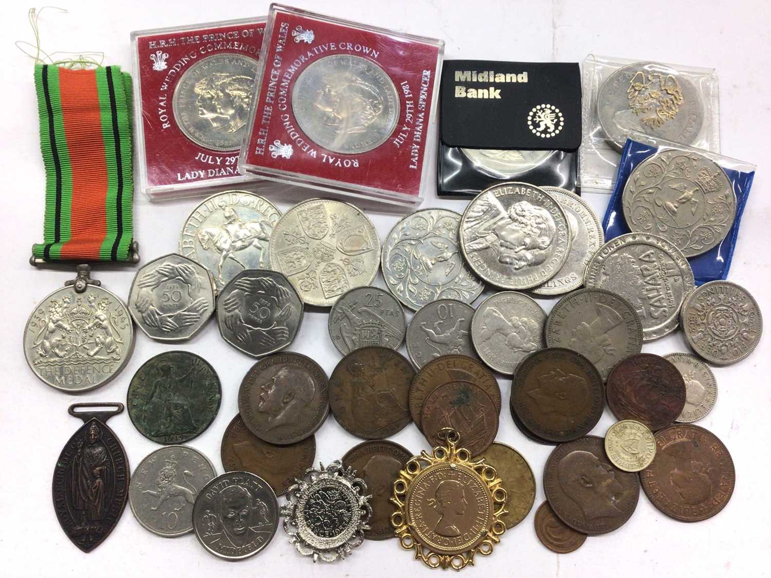 Lot 396 - WWII Defence medal, two coin pendants and other various coins