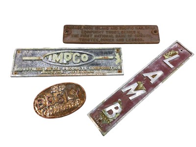 Lot 78 - Four relief cast American signs, including a mechanic's sign for 'Lamb, Detroit', a 'Besly Chicago' sign and and 'Impco Michigan' sign, the largest 55cm long