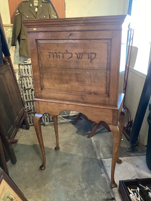 Lot 1364 - Queen Anne revival oak escritoire, with Hebrew inscription to the fall front