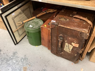 Lot 623 - Small group of framed pictures together with metal cake tin, tin hat box and trunks.