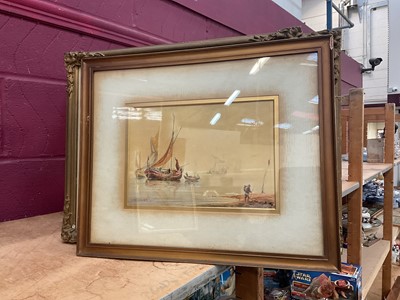 Lot 658 - 19th century watercolour study of fishing boats, signed H. W. Gibbs and dated 1878, together with a pair of 19th century watercolours, engraving of birds and other pictures.