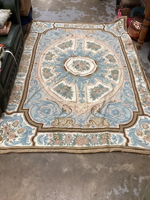 Lot 251 - Large crewel work wall hanging, 238cm x 168cm, tapestry rug, vintage table cloth and four various curtain poles