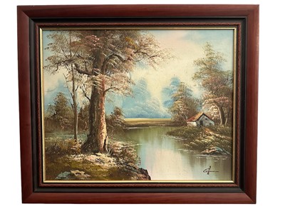 Lot 456 - Continental School, 20th century, oil on board - River view, indistinctly signed, framed