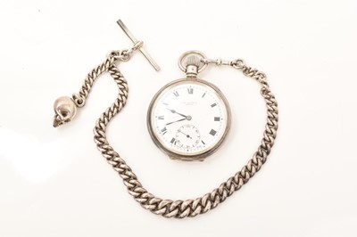 Lot 709 - Gentlemen's silver pocket watch retailed by J. W. Benson, the buttonwind Swiss 15 jewel movement, white enamel dial, in silver case, London 1937, on a heavy silver curb link watch chain with silver...