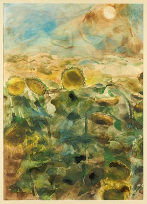 Lot 1143 - Norman Adams RA (1927-2005) watercolour - Field of Sunflowers towards the end of the season, signed and dated ‘83, framed