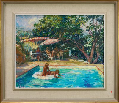 Lot 1162 - *Tessa Spencer Pryse (b.1940) oil on canvas - The Swimming Pool at Coaraze, signed, dated 1992 verso, 51cm x 61cm, framed