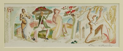 Lot 98 - *Michael Rothenstein (1908-1993) watercolour design for a mural, initialled and dated '38 and signed in full, 12cm x 31cm, in glazed frame