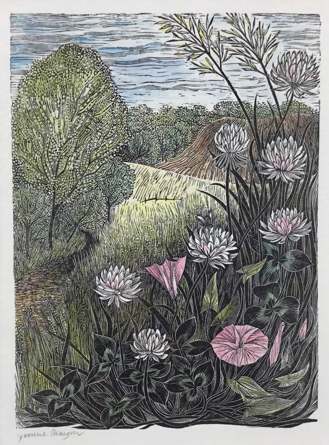 Lot 20 - Yvonne Scargon (1931-2010) hand-coloured woodcut print - Midsummer, signed, 15cm x 10.5cm, in glazed frame