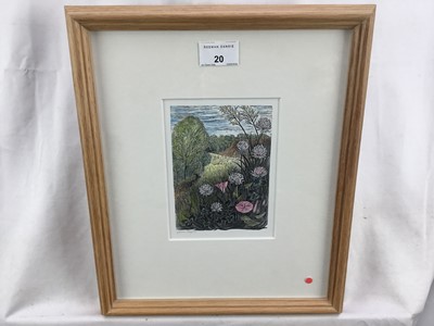 Lot 20 - Yvonne Scargon (1931-2010) hand-coloured woodcut print - Midsummer, signed, 15cm x 10.5cm, in glazed frame