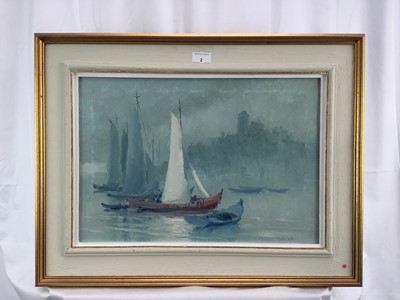 Lot 2 - Tulio Silva, oil on canvas - Boats in a Lagoon, signed, 35cm x 50.5cm, framed