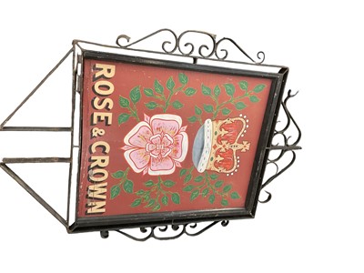 Lot 126 - Hand painted double sided pub sign for The Rose & Crown, in wrought iron frame, approximately 195cm in length (including frame)