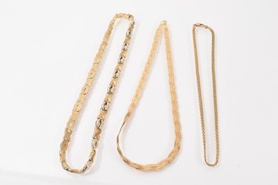 Lot 288 - 9ct yellow and white gold 'xoxo' link necklace, 9ct gold three strand plait necklace and one other 9ct gold chain (3)