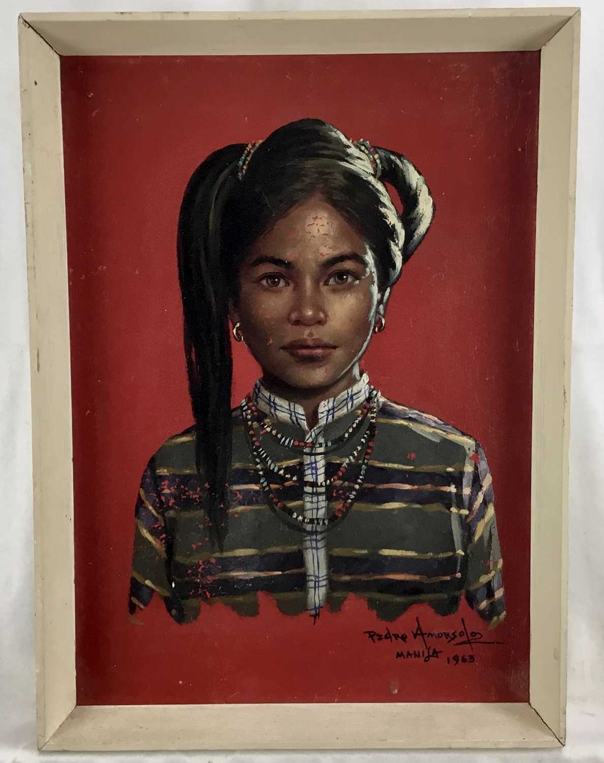 Lot 13 - Pedro Amorsolo (Philippines), oil on board, portrait of an Igorot woman, 35cm x 25cm, framed