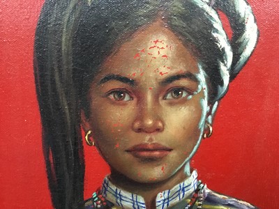 Lot 13 - Pedro Amorsolo (Philippines), oil on board, portrait of an Igorot woman, 35cm x 25cm, framed