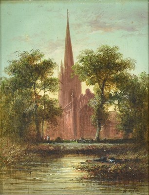 Lot 1124 - Henry Foley (1848 - 1874) oil on canvas - View of Holy Trinity Church in Stratford-upon-Avon, signed, also inscribed verso, 25cm x 20cm, in gilt frame.