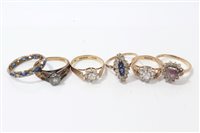 Lot 3258 - Six gold (9ct) gem set dress rings