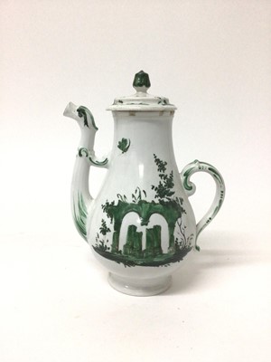 Lot 124 - 18th century Italian porcelain coffee pot, possibly Doccia, painted in green enamel with classical ruins