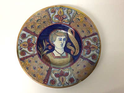 Lot 154 - Arts and Crafts/Renaissance revival style lustre dish, with central portrait and 'Bella Camilla' inscription, the outside with foliate patterns