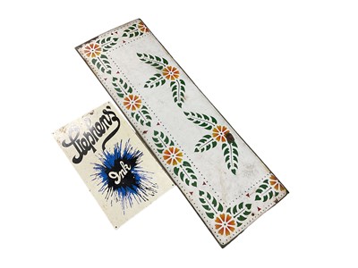 Lot 131 - Vintage enamel floral panel, possibly from a kitchen worktop, together with a Stephens' Ink metal advertising sign (2)