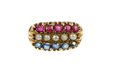 Lot 458 - Victorian ruby, sapphire and pearl triple row ring