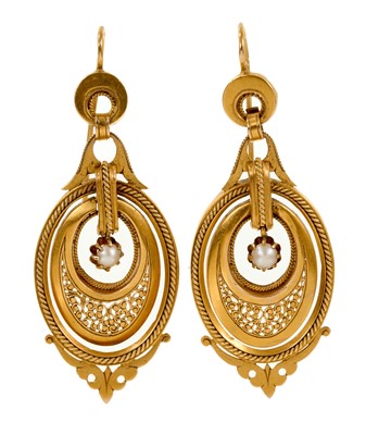 Lot 467 - Pair of Victorian gold and pearl pendant earrings