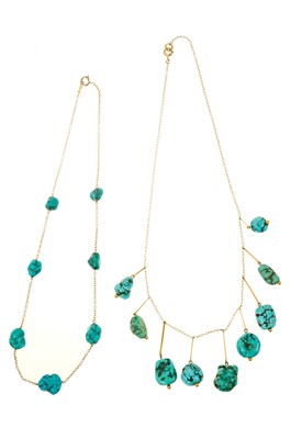 Lot 473 - Two antique gold and turquoise necklaces, each with natural turquoise matrix beads