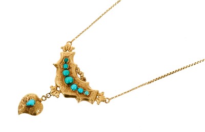 Lot 474 - Victorian gold and turquoise necklace with a heart shape pendant drop suspended from an engraved gold and turquoise panel on a gold box link trace chain with barrel clasp.