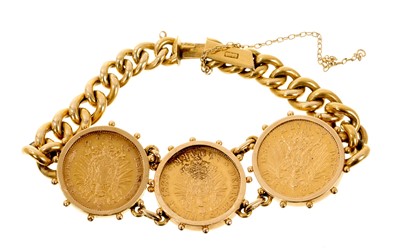 Lot 483 - Antique gold coin bracelet with three Wilhelm I and II Deutscher Kaiser Konig V Preussen 20 Mark gold coins Deutsches Reich 1872, 1888 and 1893, on gold curb link bracelet