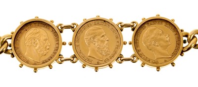 Lot 483 - Antique gold coin bracelet with three Wilhelm I and II Deutscher Kaiser Konig V Preussen 20 Mark gold coins Deutsches Reich 1872, 1888 and 1893, on gold curb link bracelet