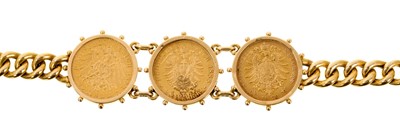 Lot 483 - Antique gold coin bracelet with three Wilhelm I and II Deutscher Kaiser Konig V Preussen 20 Mark gold coins Deutsches Reich 1872, 1888 and 1893, on gold curb link bracelet