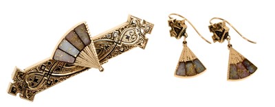 Lot 485 - Pair of Victorian gold enamel and hardstone earrings and matching brooch with a fan-shape design inset with hardstone panels and black champlevé enamel and engraved decoration