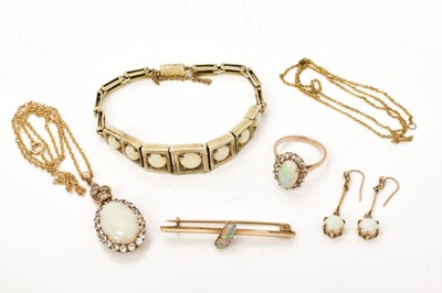 Lot 490 - A group of antique opal jewellery to include an opal and synthetic white stone pendant and ring, an opal bracelet, brooch and earrings