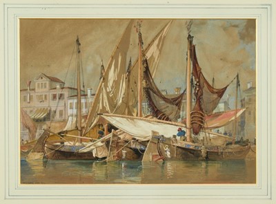 Lot 1183 - Edward William Cooke (1811-1880) watercolour - Venezia Sept. 1856, signed and dated with inscptions describing the different types of boat in the harbour, 32cm x 45cm, in glazed gilt frame