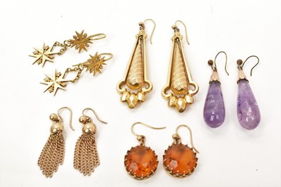 Lot 495 - Group of antique earrings to include a pair of Victorian 9ct gold pendant earrings, a pair of gold Maltese cross pendant earrings, and three other pairs of earrings