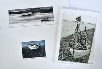 Lot 1024 - Elizabeth Morris, contemporary, signed limited edition etchings - 'Shrimp pots early morning' 29/100 and 'East Coast Boat' 22/100, together with a Charles Bartlett