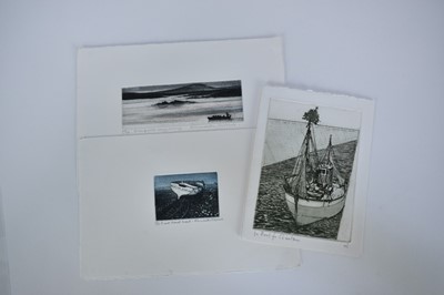 Lot 1024 - Elizabeth Morris, contemporary, signed limited edition etchings - 'Shrimp pots early morning' 29/100 and 'East Coast Boat' 22/100, together with a Charles Bartlett