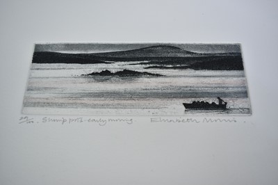 Lot 1024 - Elizabeth Morris, contemporary, signed limited edition etchings - 'Shrimp pots early morning' 29/100 and 'East Coast Boat' 22/100, together with a Charles Bartlett