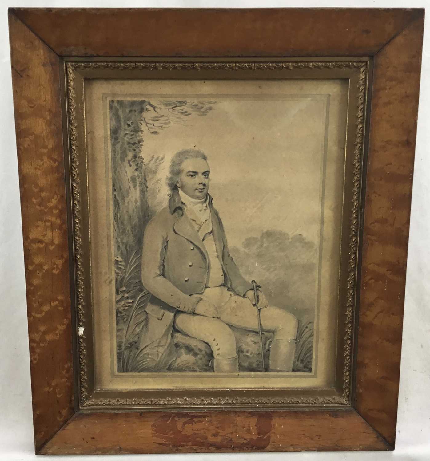 Lot 17 - English School, late 18th/early 19th century monochrome watercolour - portrait of Sir John Throckmorton Bt., (1753-1819), in glazed maple veneered frame