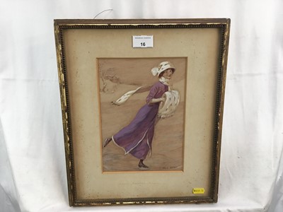 Lot 16 - Lewis Baumer, watercolour and bodycolour - The Skater, signed, 24cm x 17cm in glazed gilt frame