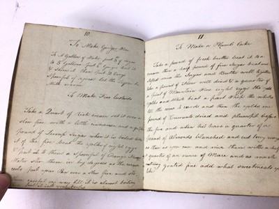 Lot 1604 - Early 19th century handwritten recipe book, with vellum cover, 20 x 16cm, including recipes such as To make small cakes, To make Indian pickle, To make walnut catchup, To make calf's foot jelly, Wa...