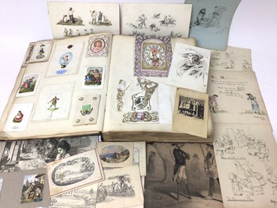 Lot 1617 - Victorian scrap album, with valentine and other cards, original works on paper, silhouettes, prints etc