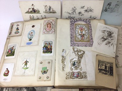 Lot 1617 - Victorian scrap album, with valentine and other cards, original works on paper, silhouettes, prints etc